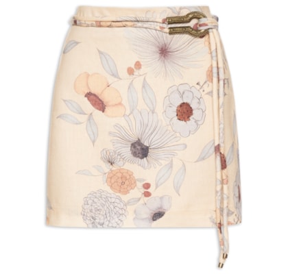 Saia Curta Linho Estampa Fleur - Bege