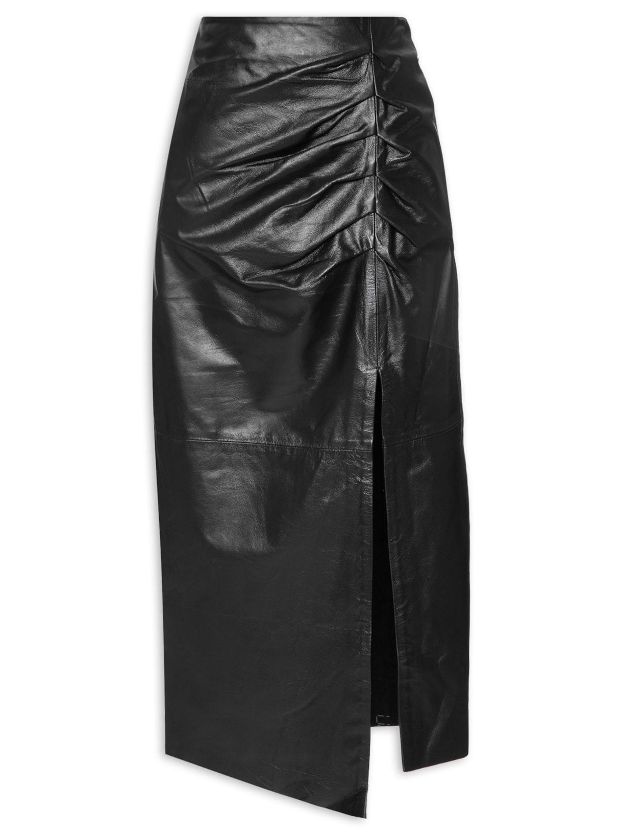 Saia De Couro Midi Assimetrica Com Drapeado - Preto