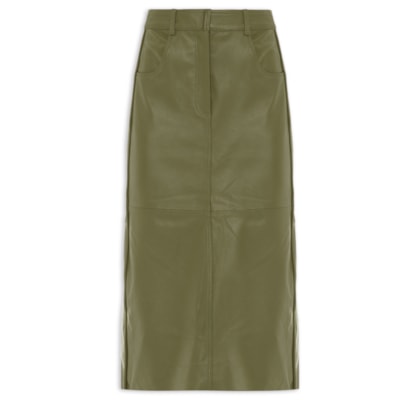 Saia De Couro Midi Botão Travessão - Verde