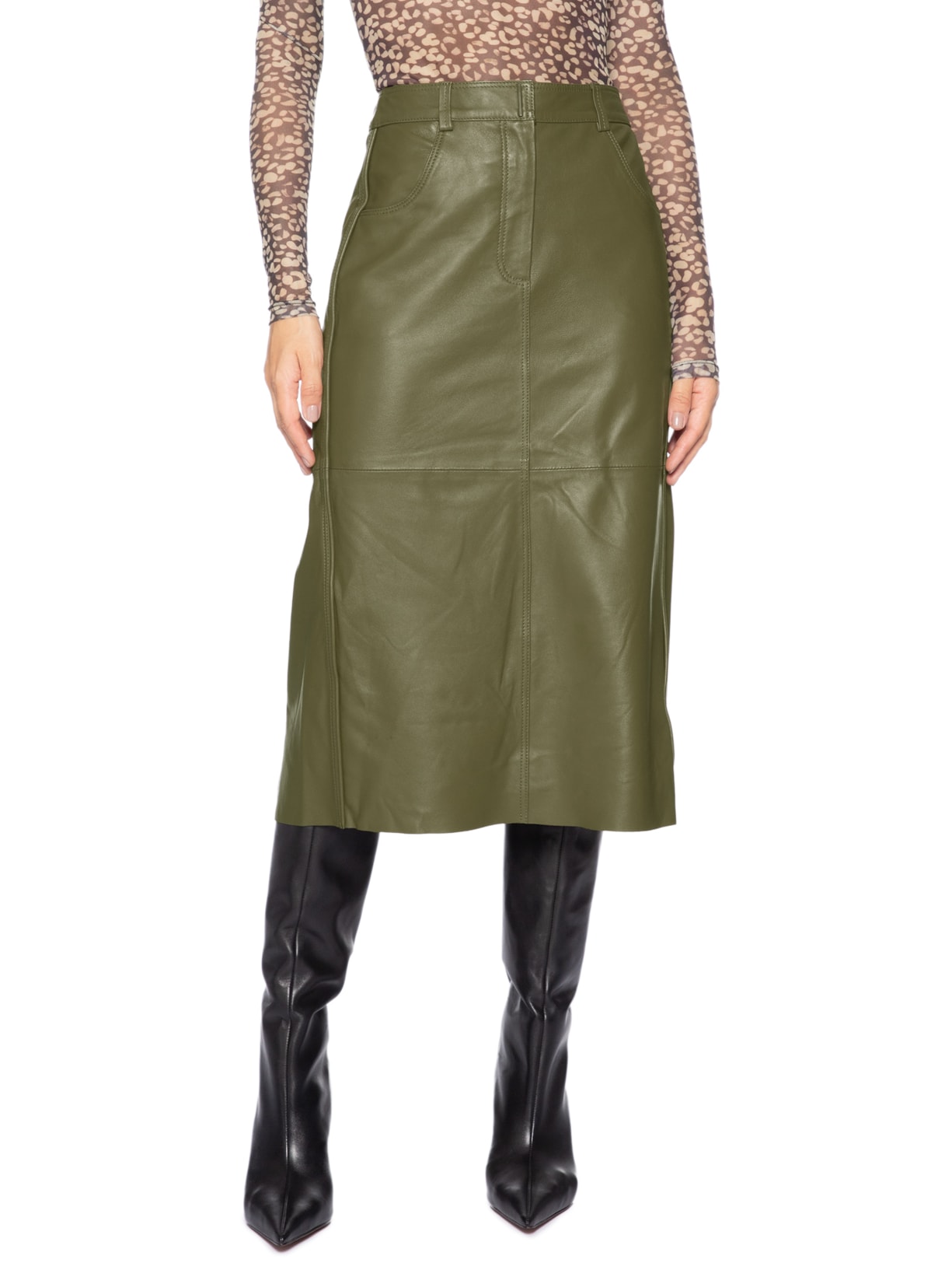 Saia De Couro Midi Botão Travessão Verde Animale