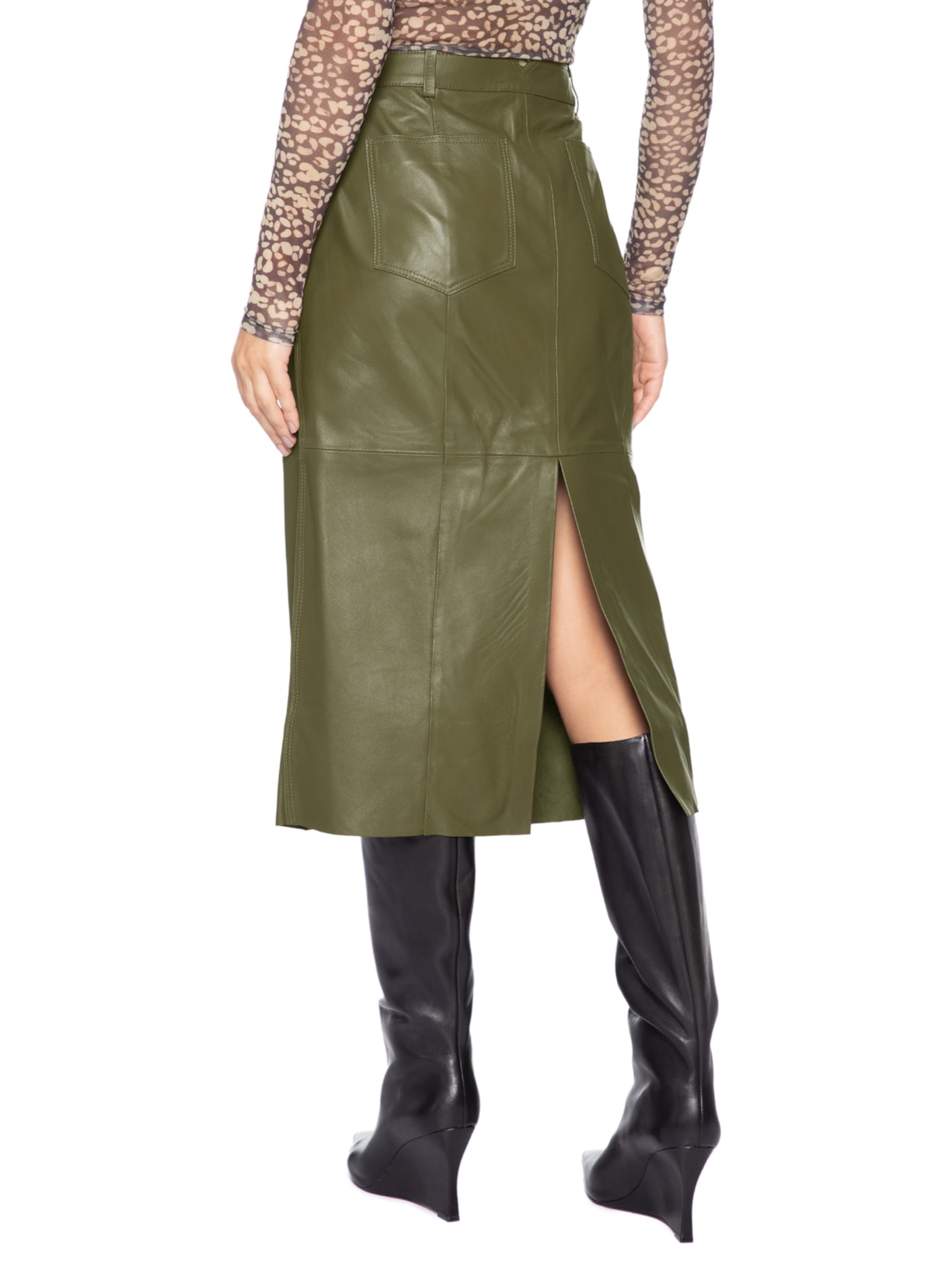 Saia De Couro Midi Botão Travessão Verde Animale