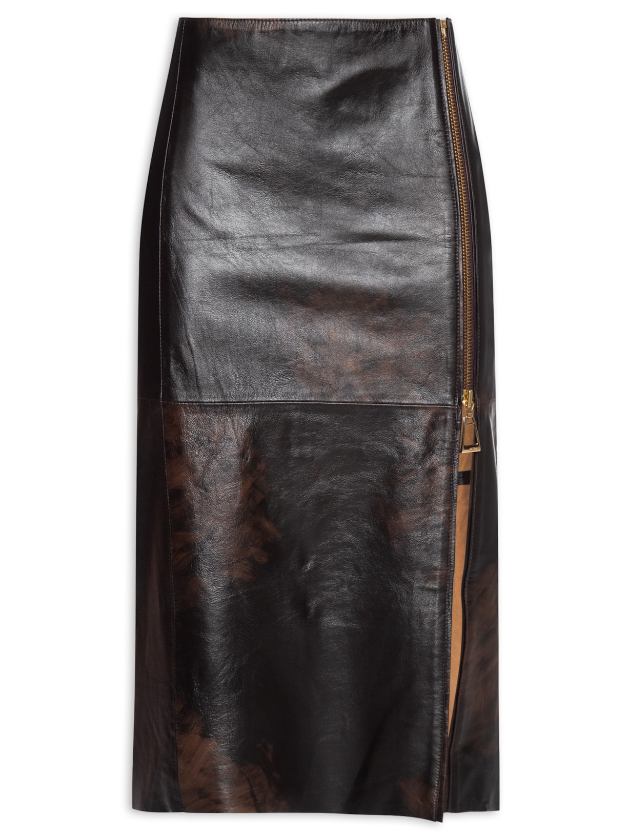 Saia De Couro Midi Fenda Frontal Vintage - Marrom