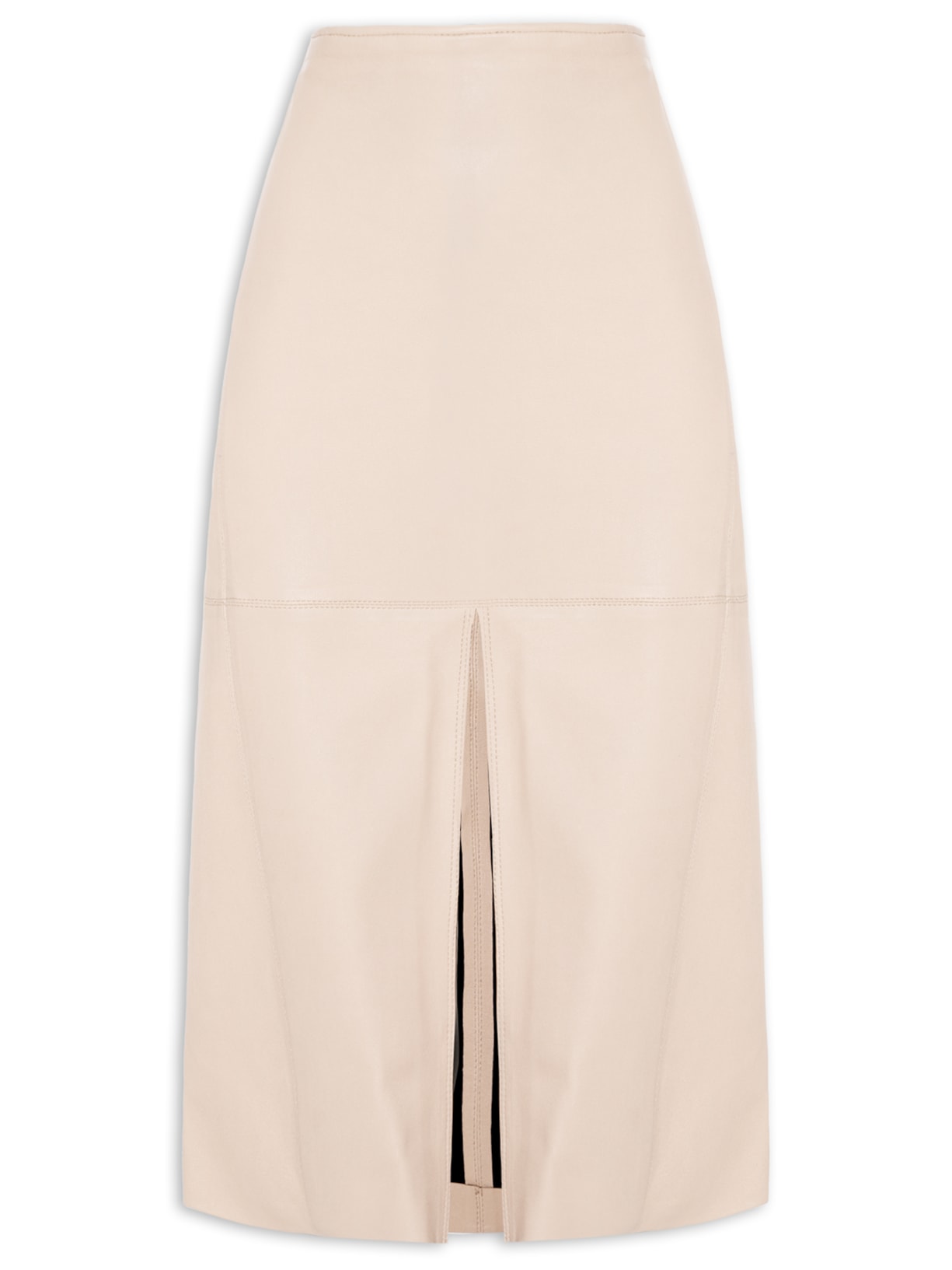Saia De Couro Stretch Midi Fenda Frontal - Bege