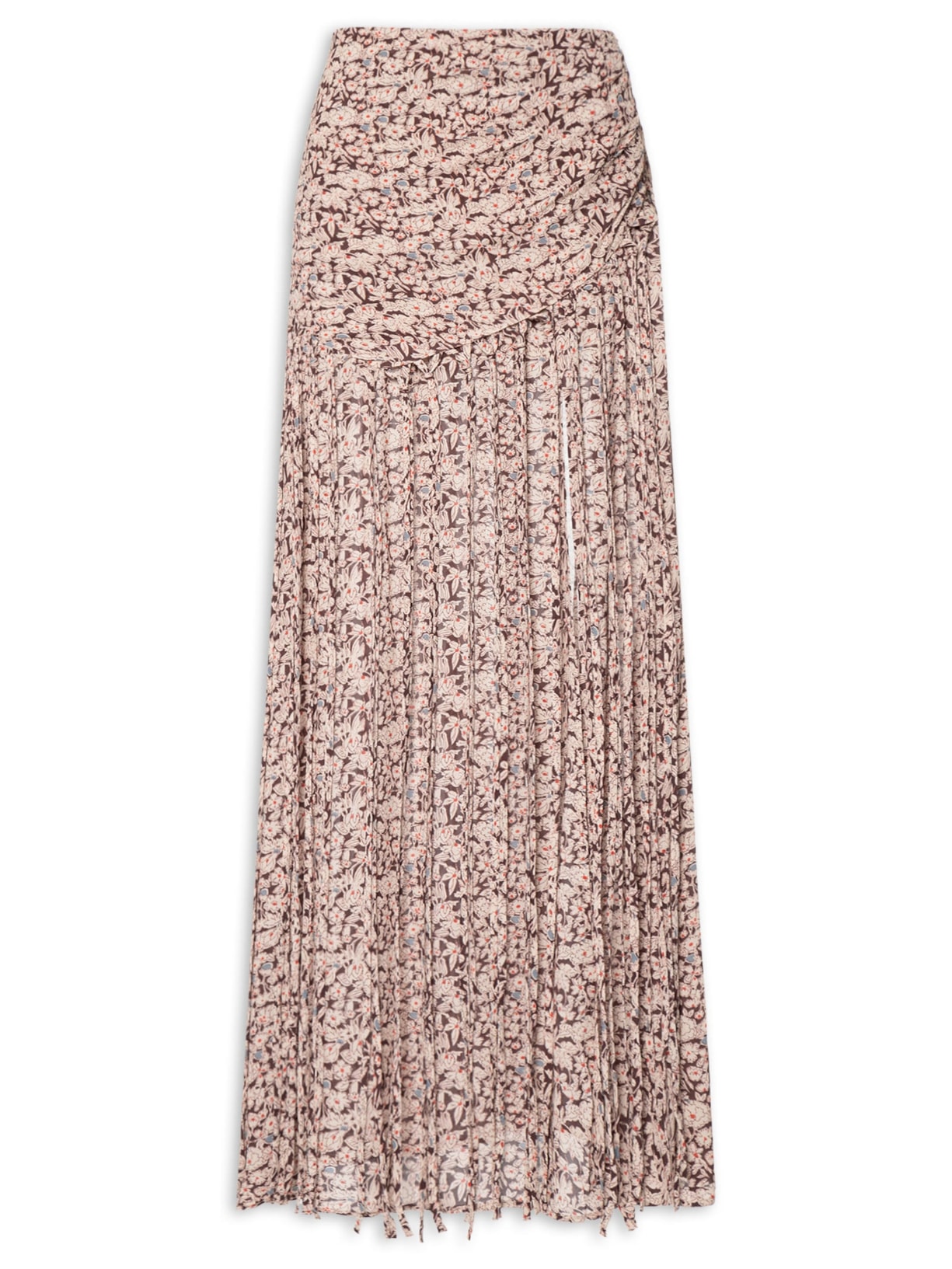 Saia De Georgette Longa Estampa Liberty Chelsea Detalhe Em Franjas Marrom Animale