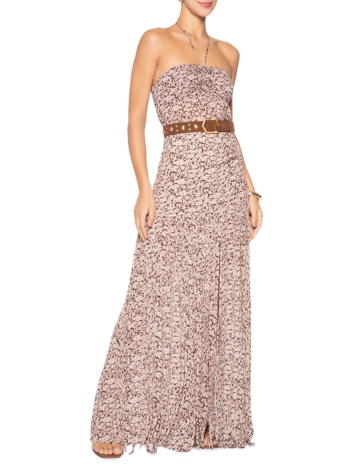 Saia De Georgette Longa Estampa Liberty Chelsea Detalhe Em Franjas Marrom Animale