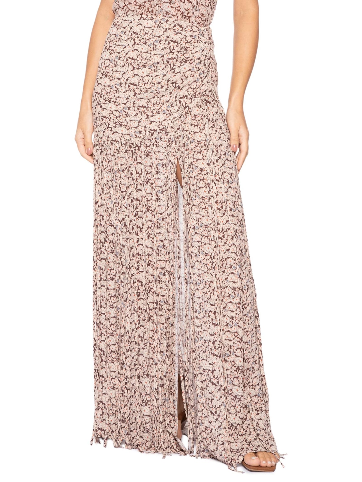 Saia De Georgette Longa Estampa Liberty Chelsea Detalhe Em Franjas Marrom Animale