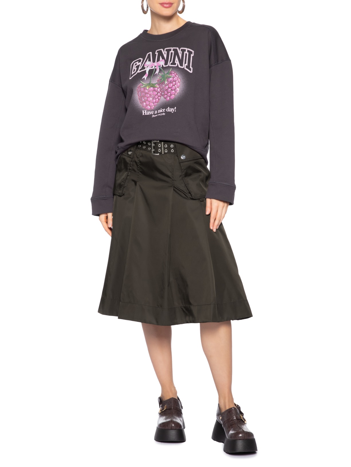 Saia Duchesse Nylon Midi Pleated Pocket Marrom Ganni