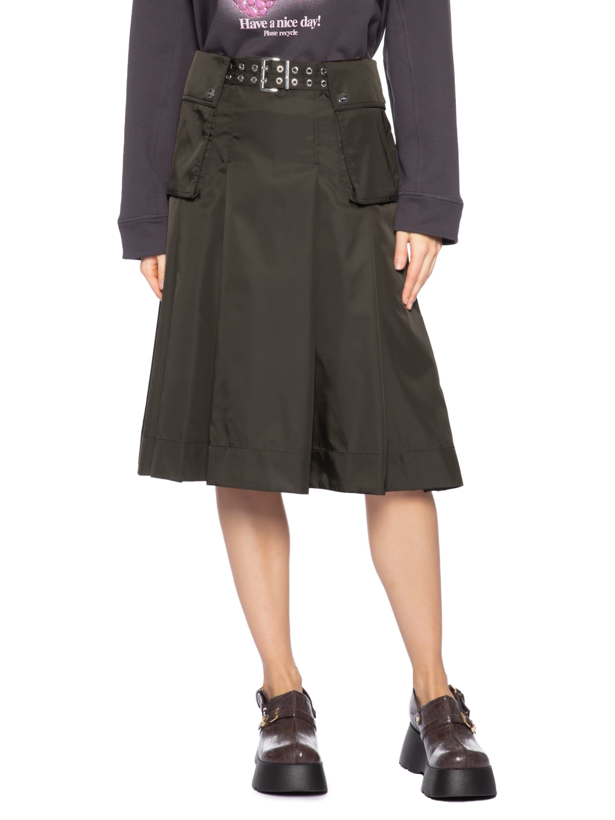 Saia Duchesse Nylon Midi Pleated Pocket Marrom Ganni