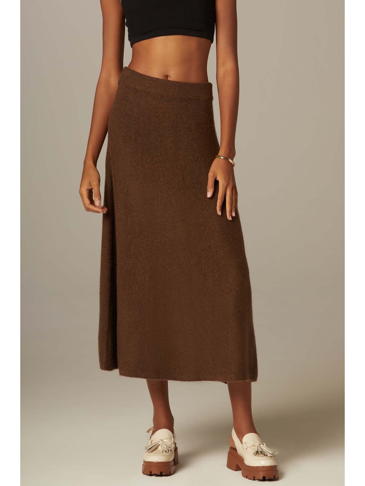 Saia Evasê Marrom Tricot Milena Yogini