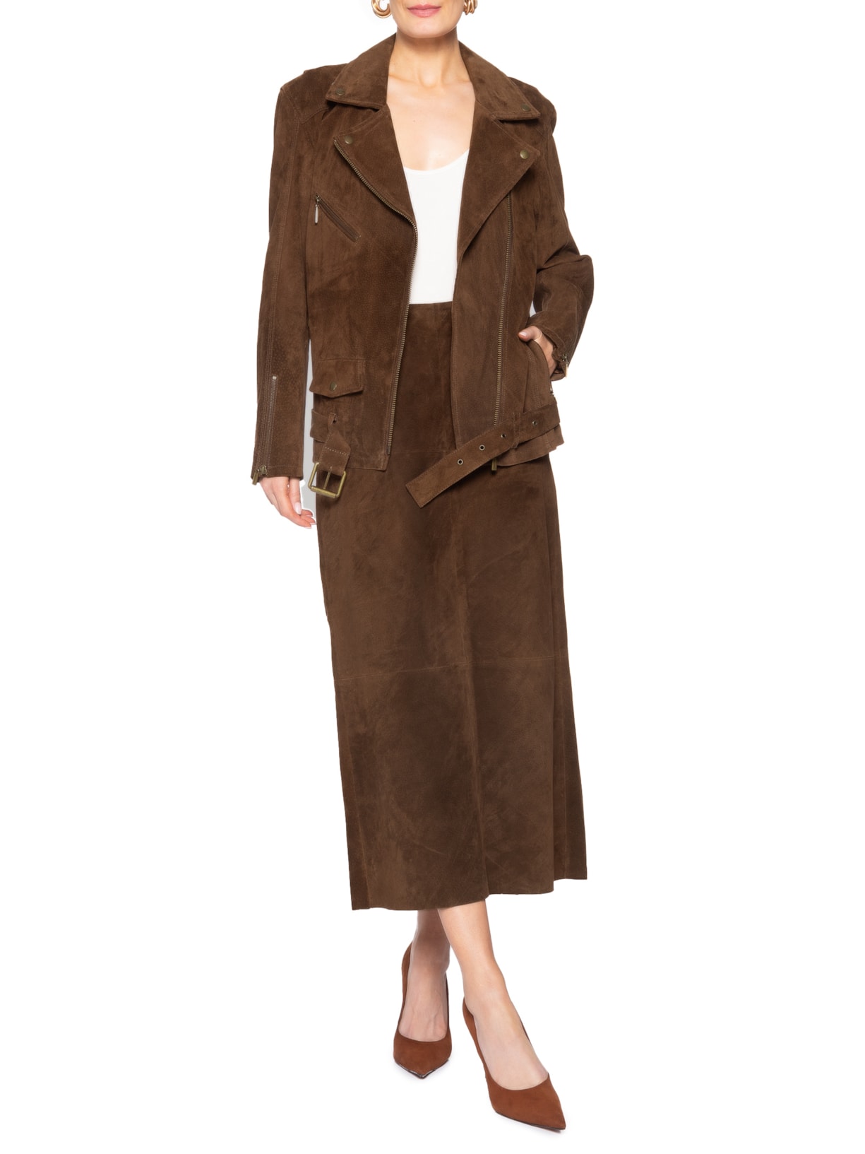 Saia Feminina Couro Longa Mary Kate Marrom Studio Kalline