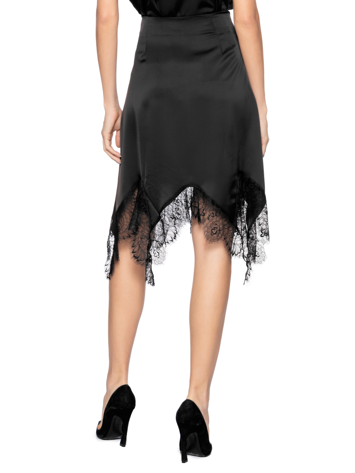 Saia Feminina Em Cetim Com Renda Preto Market 33