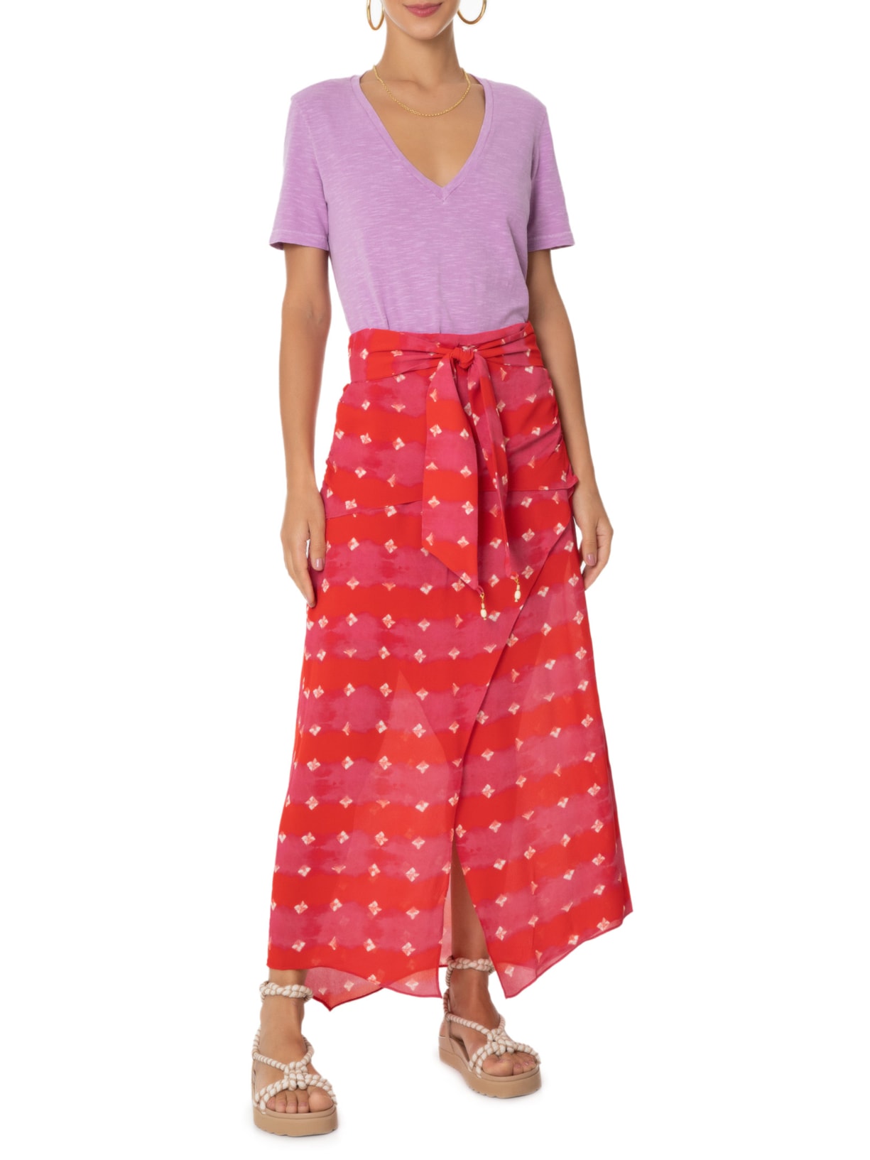 Saia GGT Midi Estampa Ibiza Vermelho Maria Filó