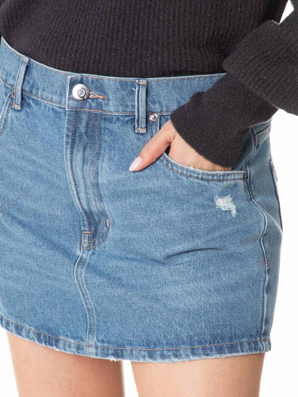 Saia Jeans Curta Basic Com Puidos Azul Animale Jeans