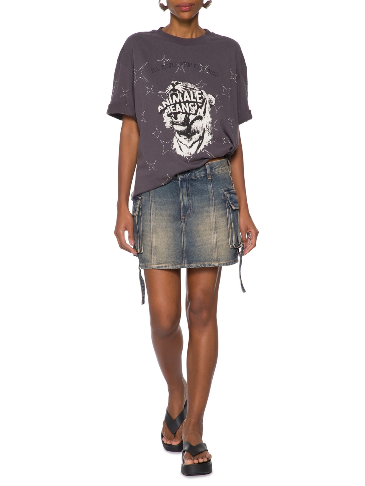 Saia Jeans Curta Com Bolso Cargo Azul Animale Jeans