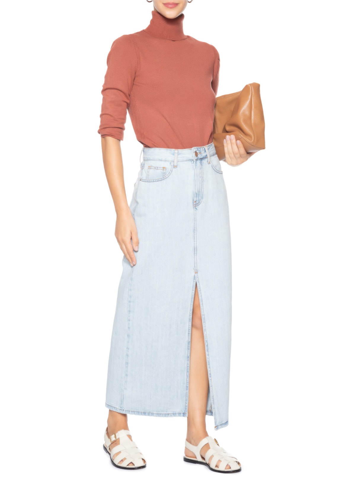 Saia Jeans Midi Com Fenda Azul Basiq