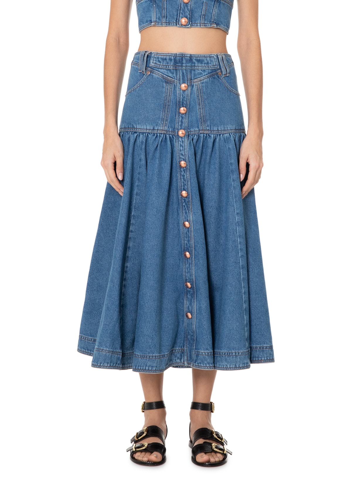 Saia Jeans Midi Godê Farm Azul