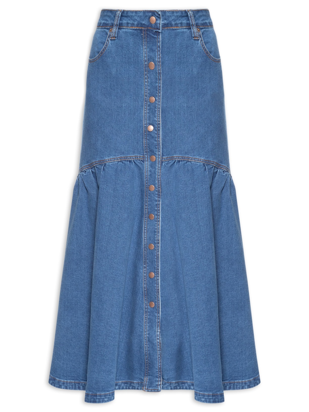 Saia Jeans Midi Recorte Botões - Azul
