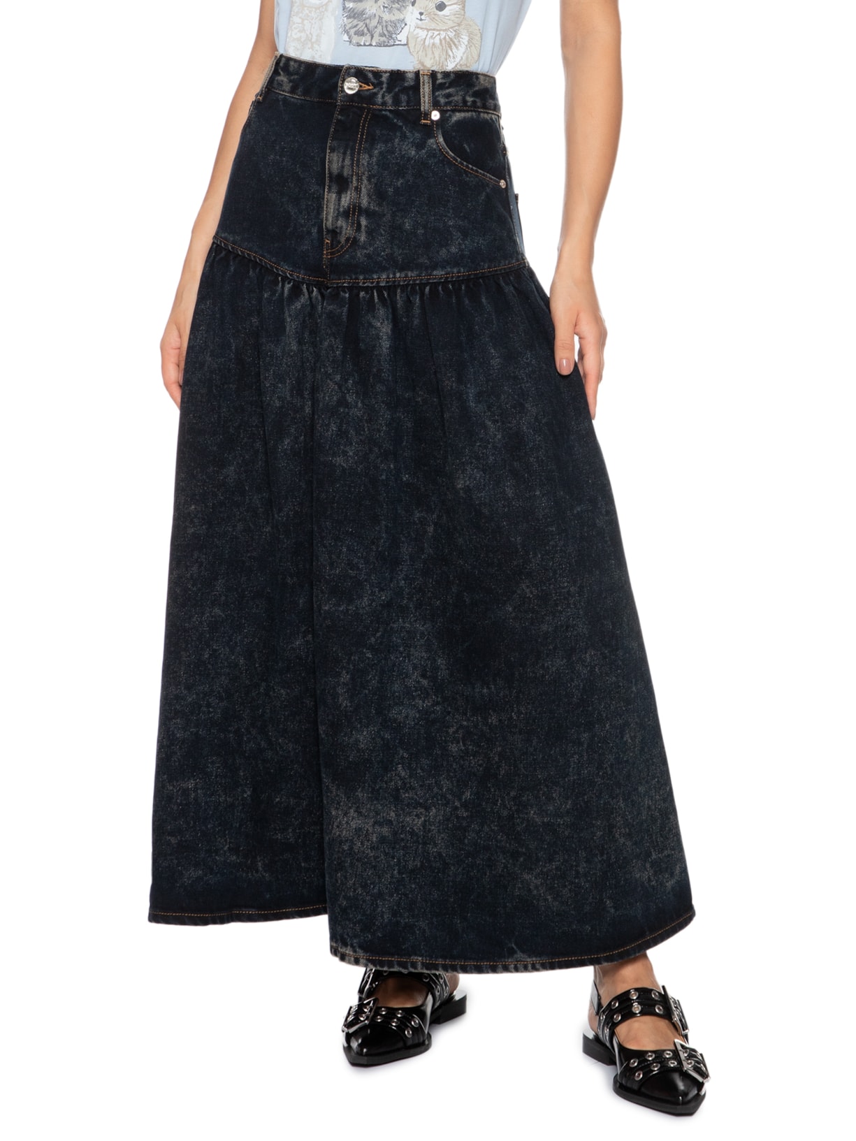 Saia Light Denim Long Preto Ganni