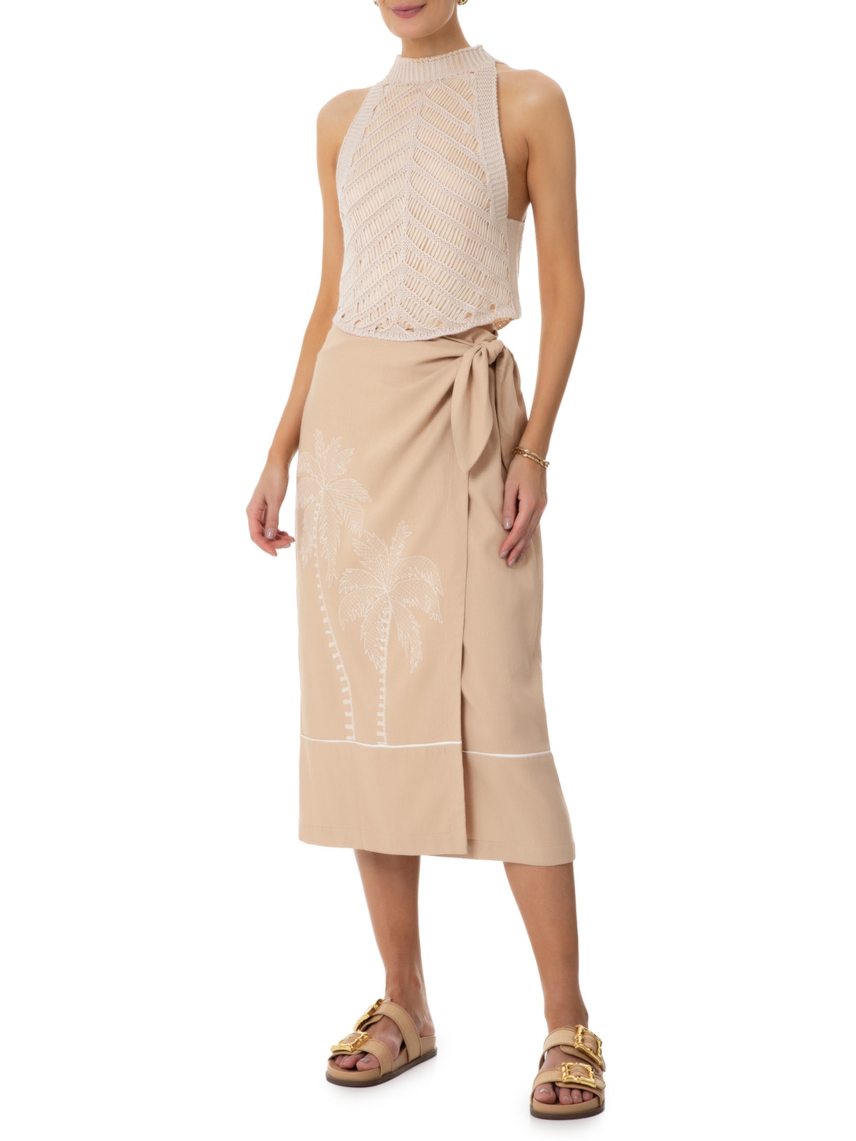 Saia Linho Cropped Bordado Coqueiro Bege Dress To