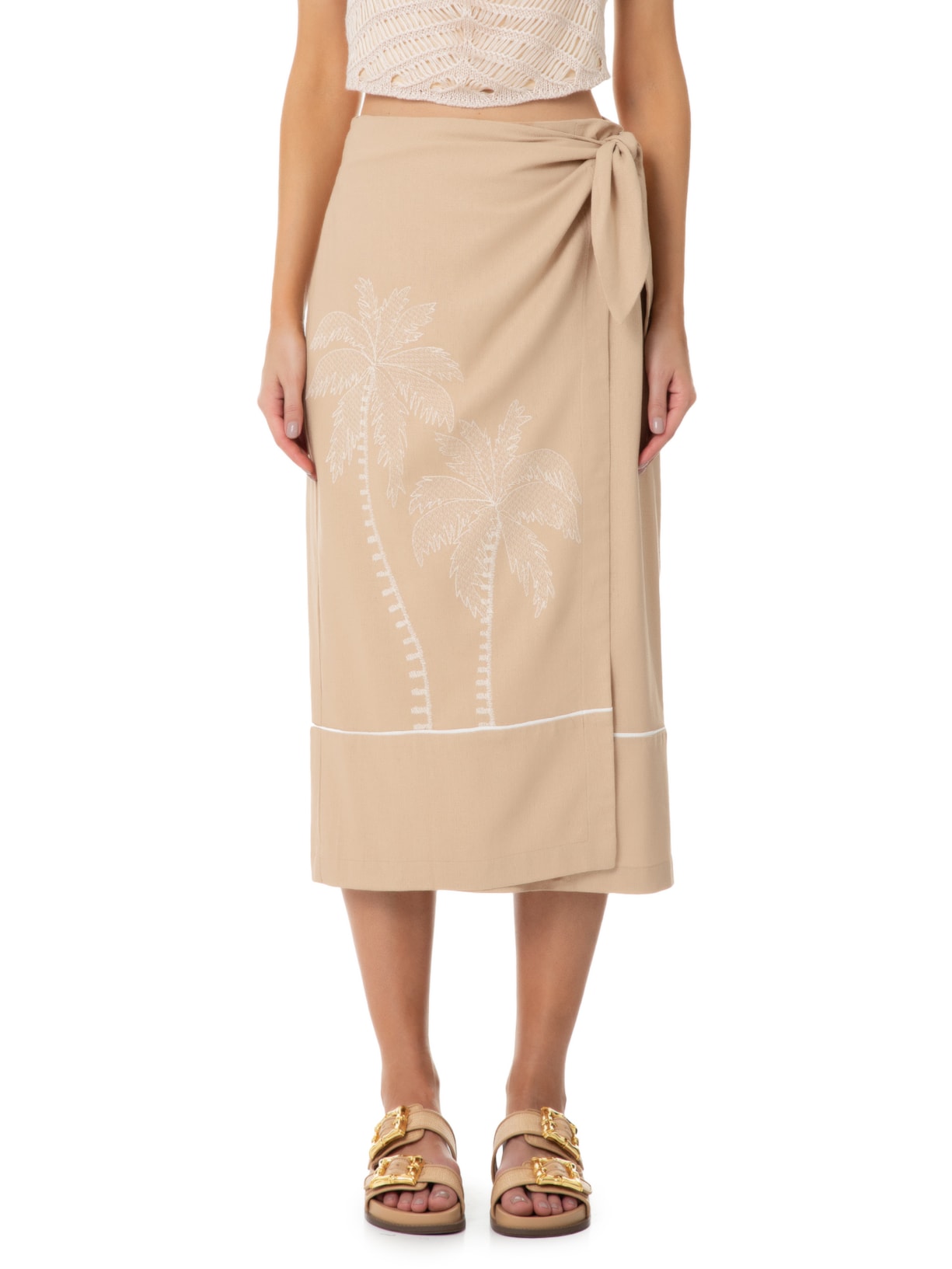 Saia Linho Cropped Bordado Coqueiro Bege Dress To