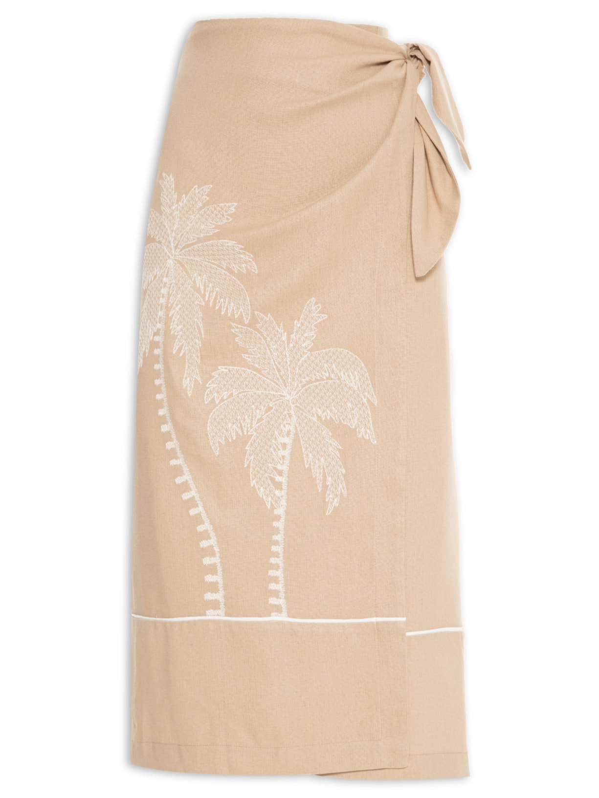 Saia Linho Cropped Bordado Coqueiro - Bege