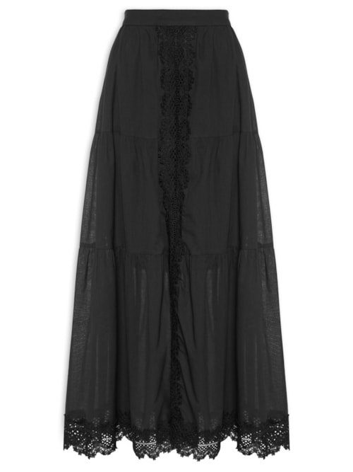 Saia Longa Algodão Com Renda - Preto
