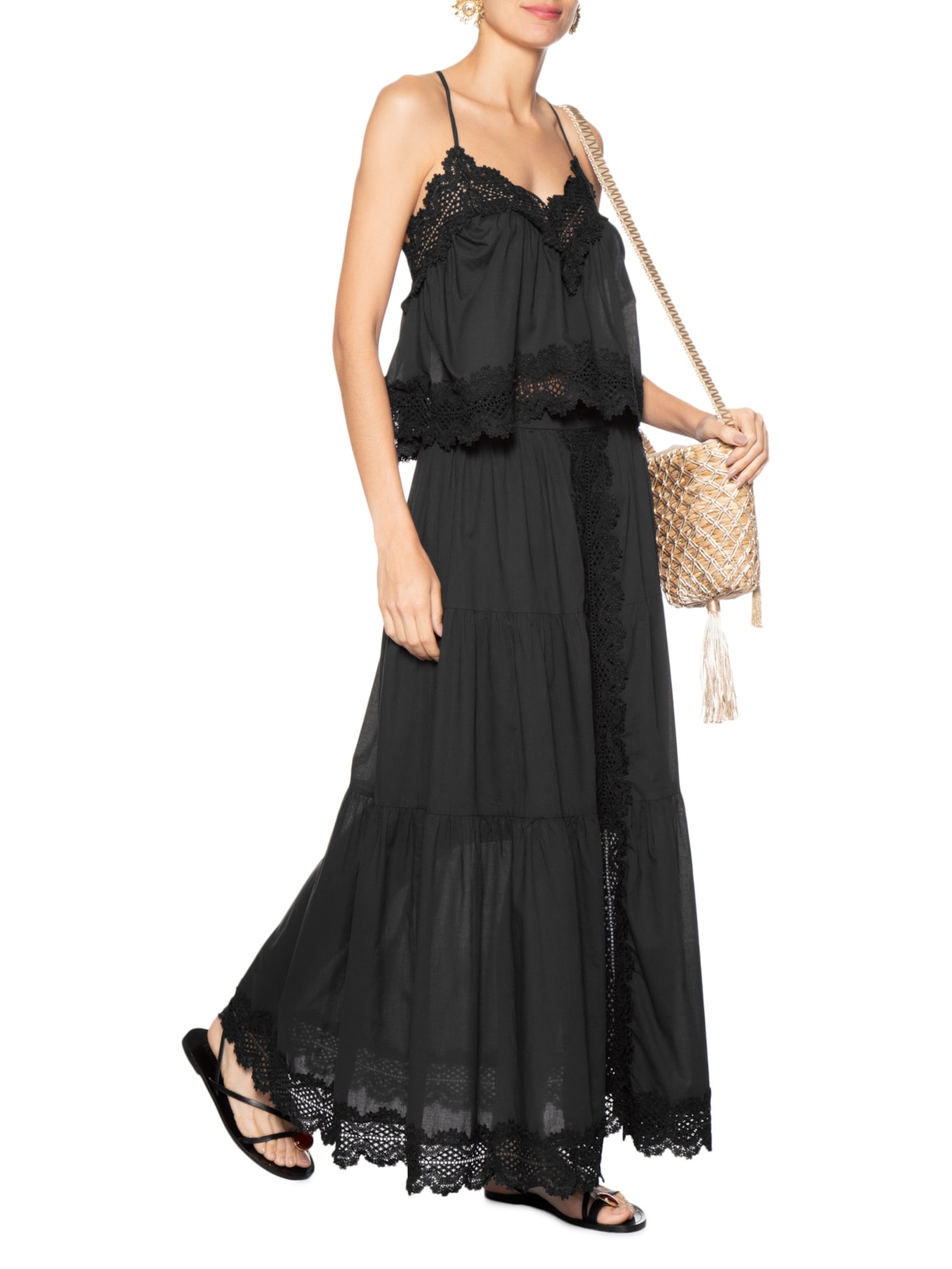 Saia Longa Algodão Com Renda Preto Dress To