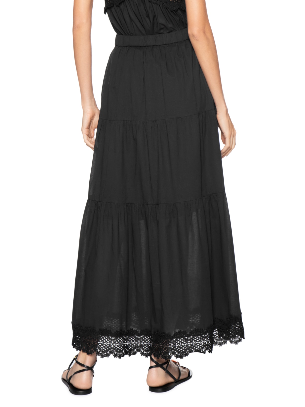 Saia Longa Algodão Com Renda Preto Dress To