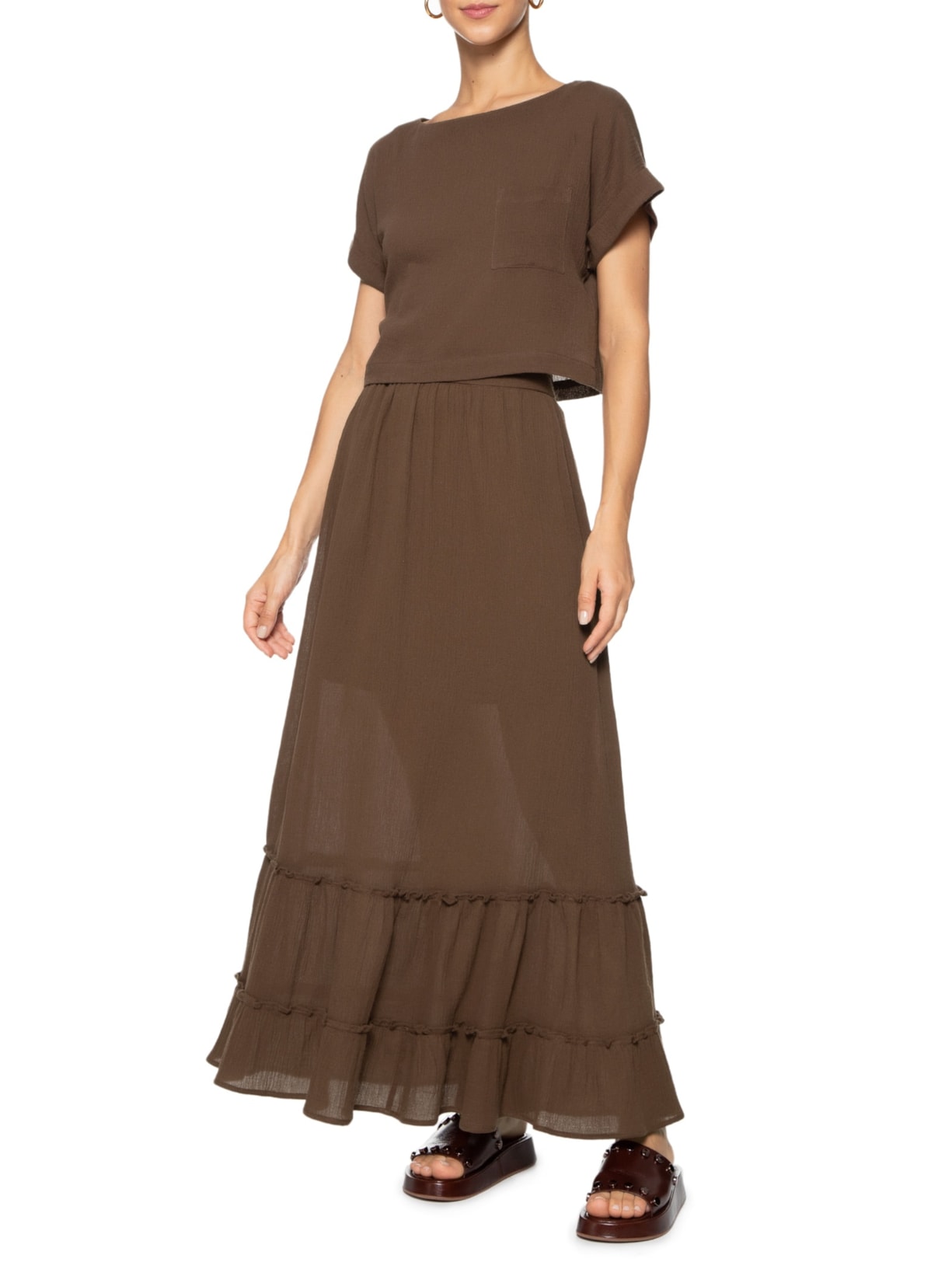 Saia Longa Com Babados Marrom  Basiq