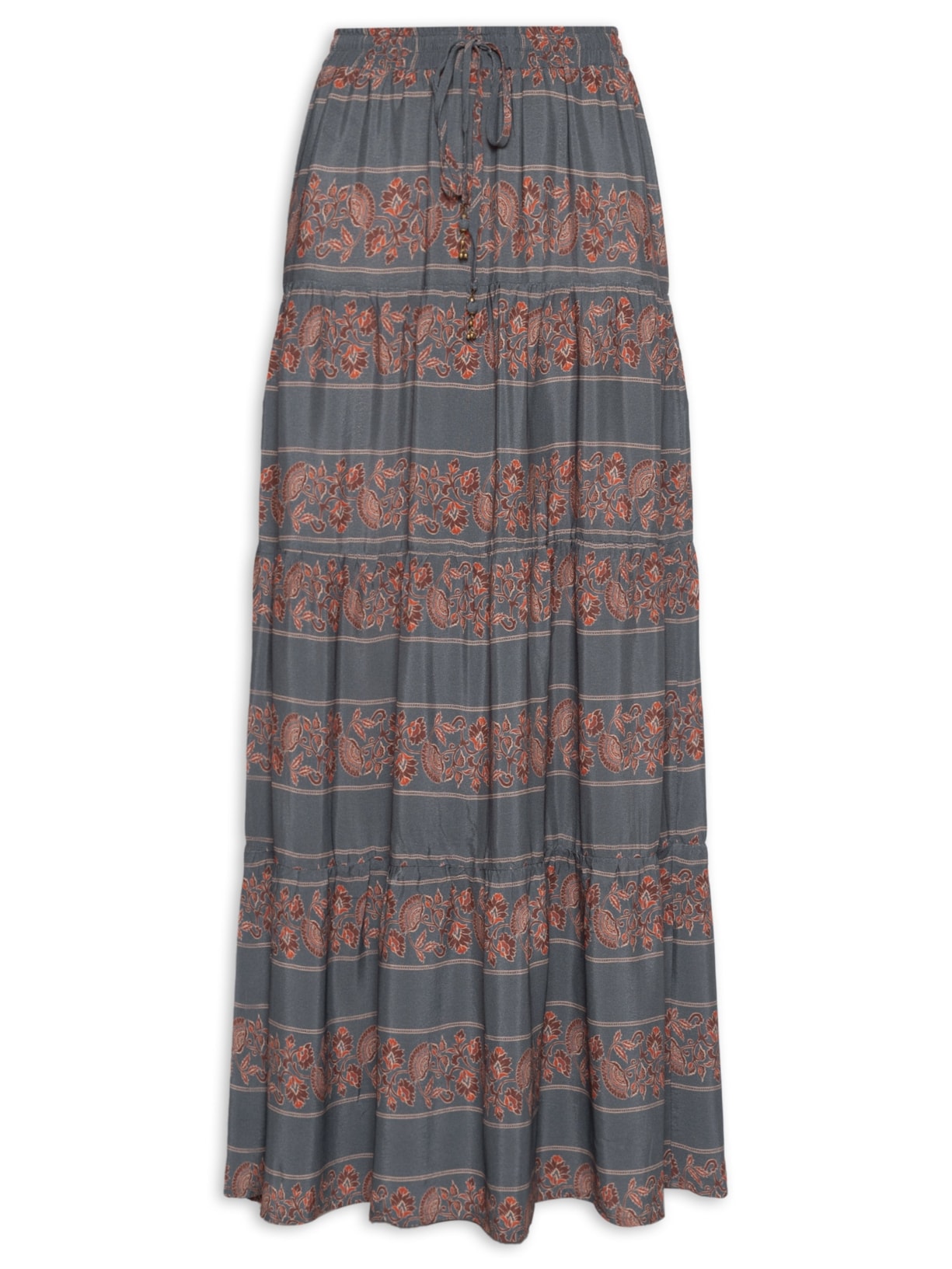 Saia Longa Franzida Estampa Ava Galão - Cinza