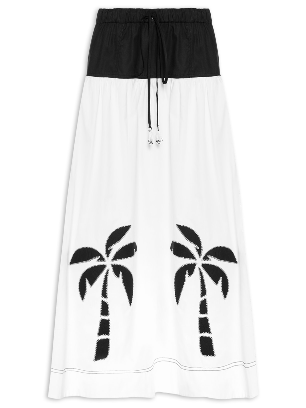 Saia Midi Algodão Bordado Coqueiros - Preto