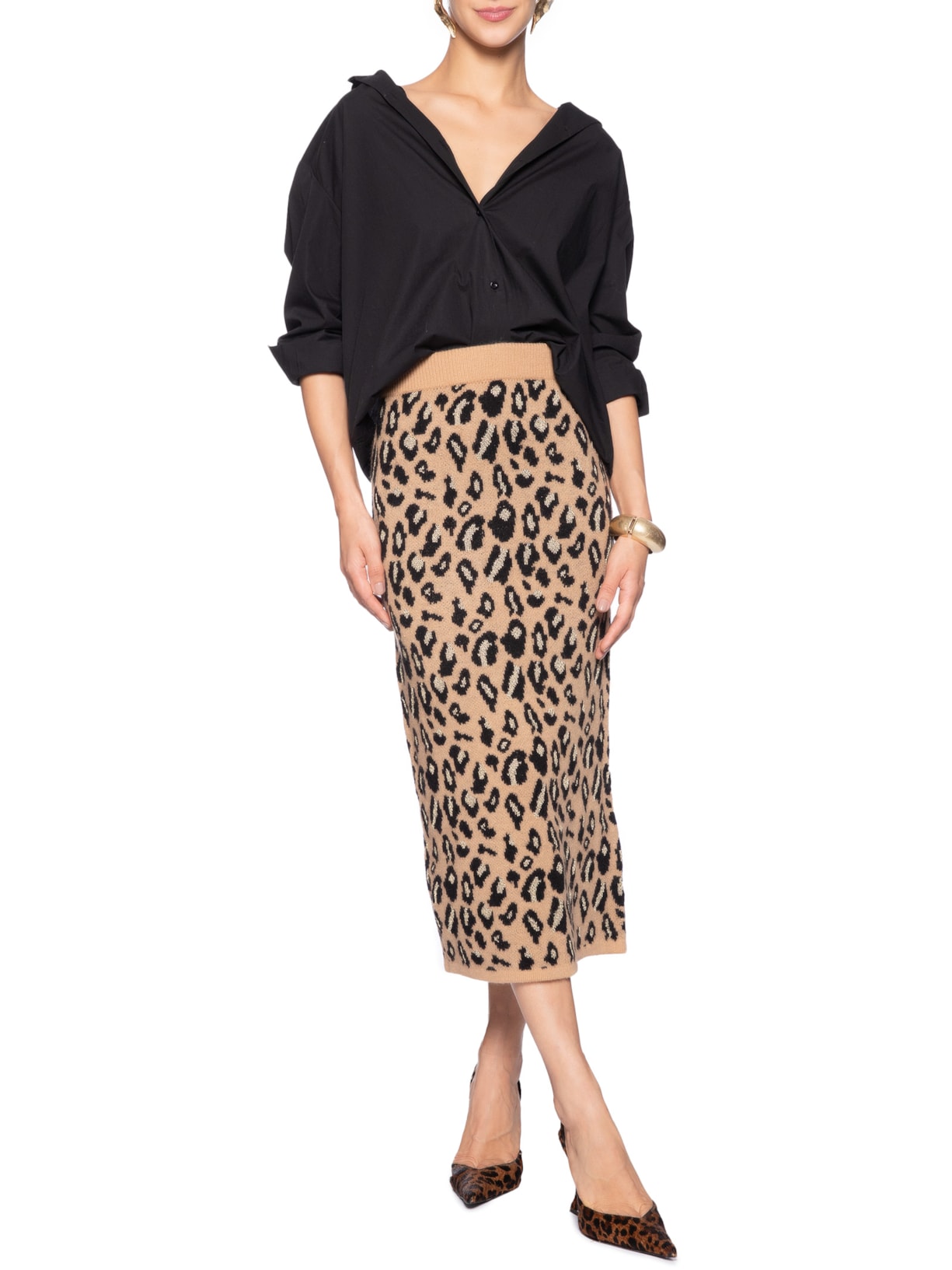 Saia Midi Animal Print Em Tricot Bege Market 33