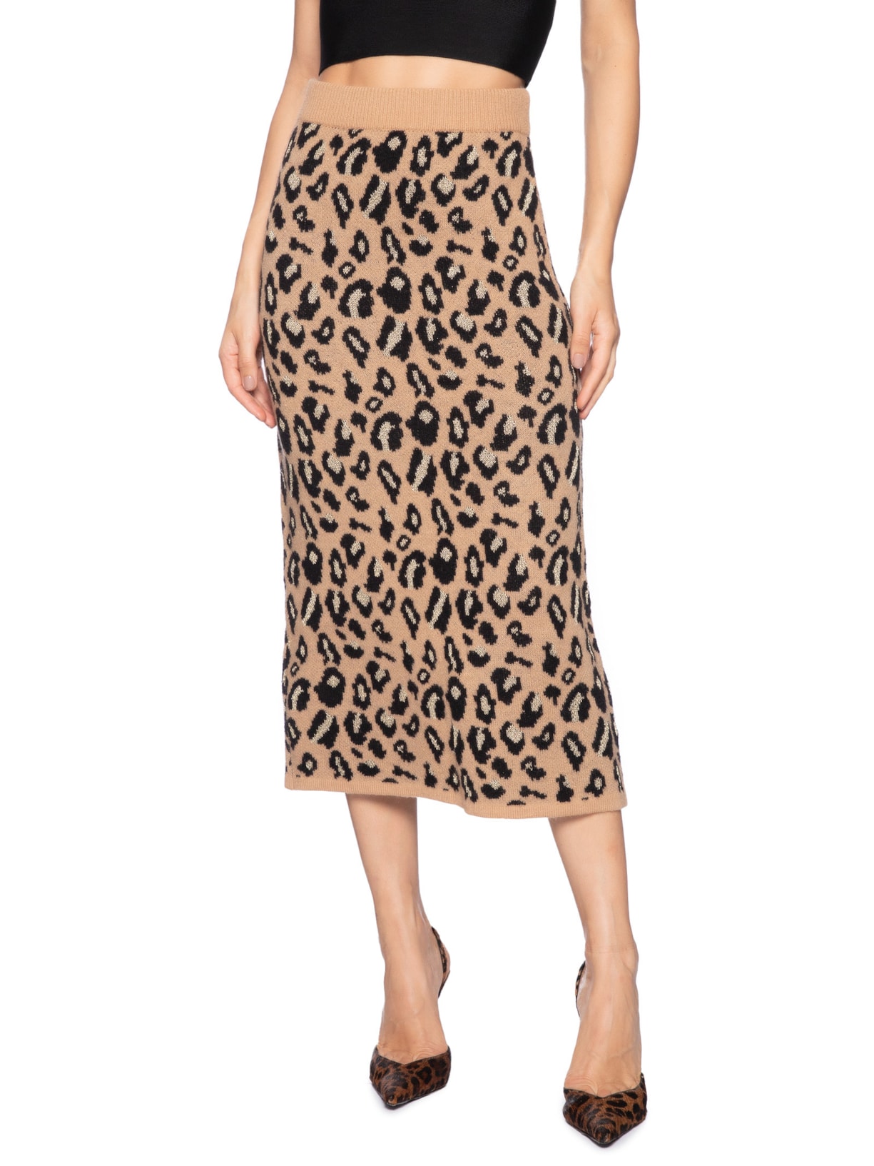 Saia Midi Animal Print Em Tricot Bege Market 33