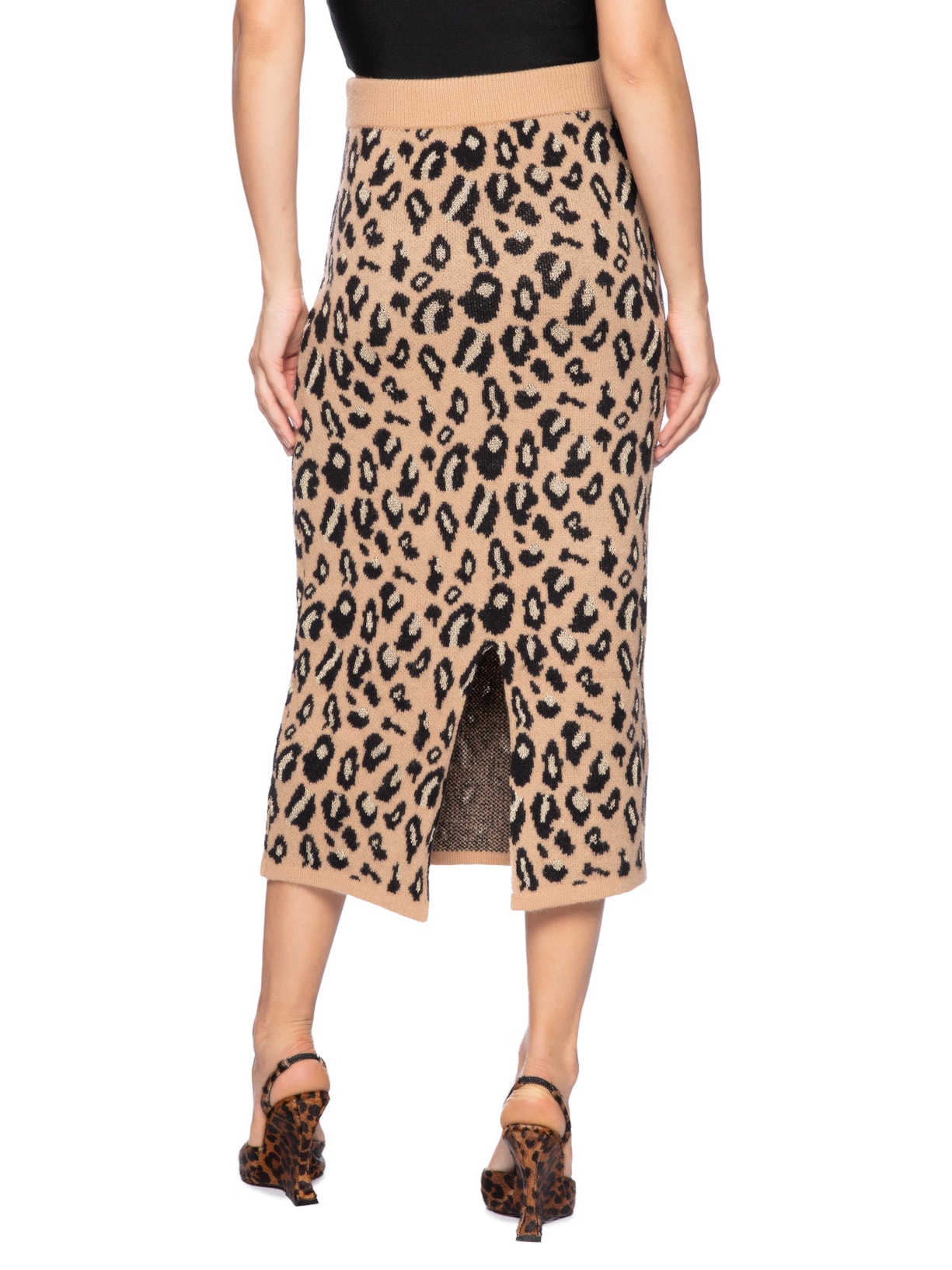 Saia Midi Animal Print Em Tricot Bege Market 33