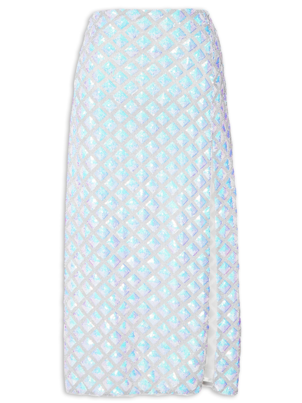 Saia Midi Bordada Com Fenda - Prata