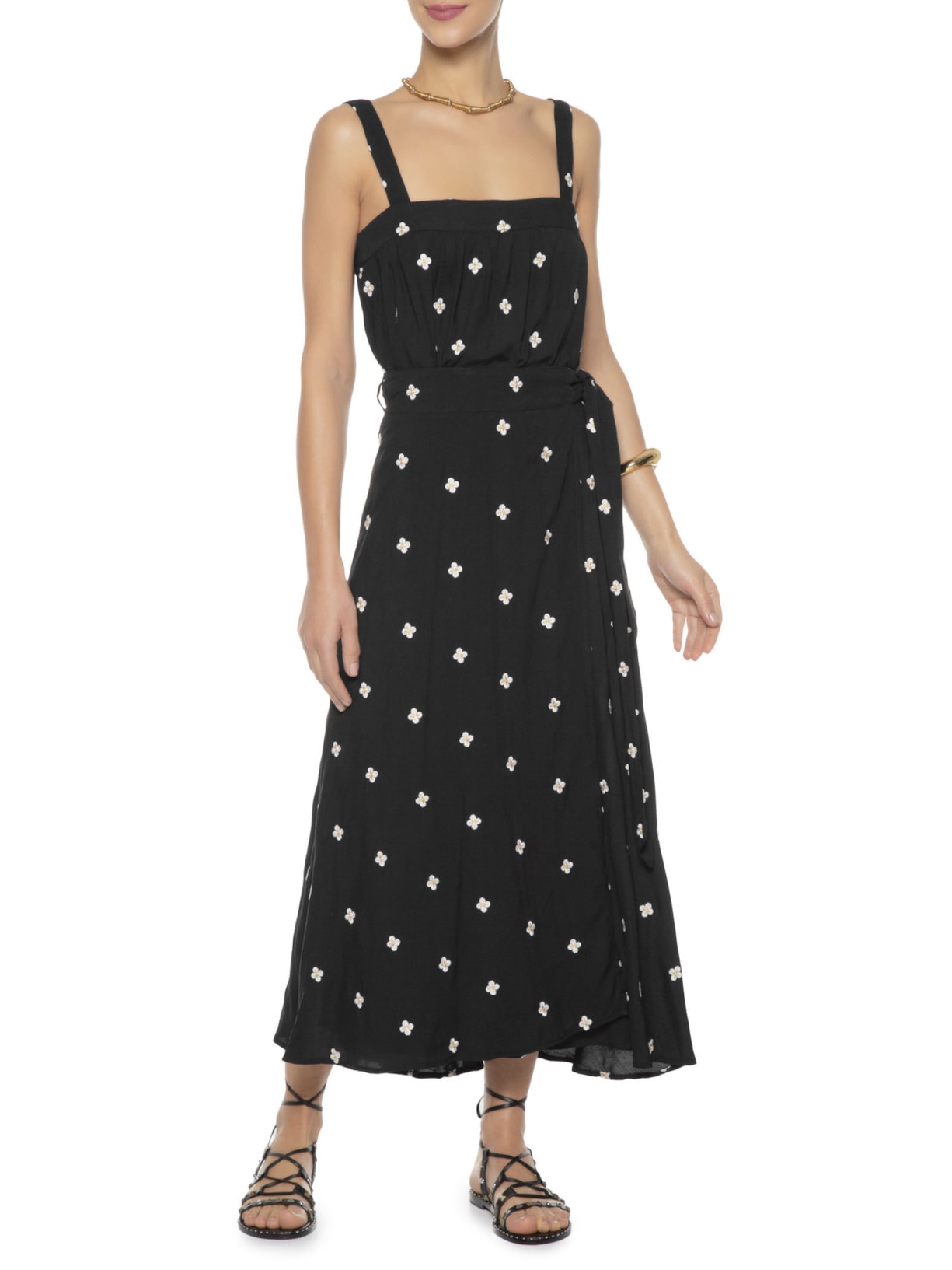 Saia Midi Bordada Creta Preto Maria Filó