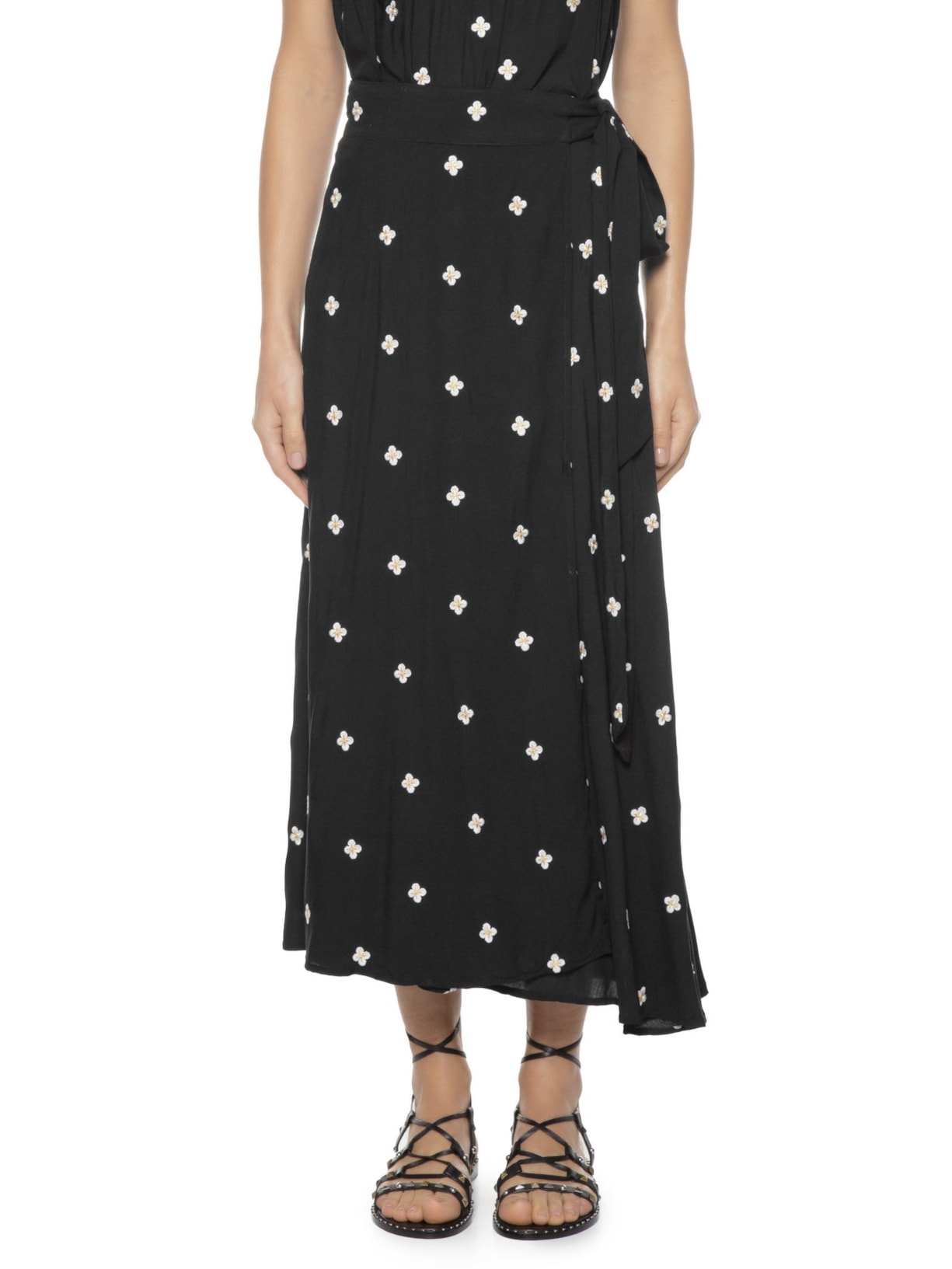 Saia Midi Bordada Creta Preto Maria Filó