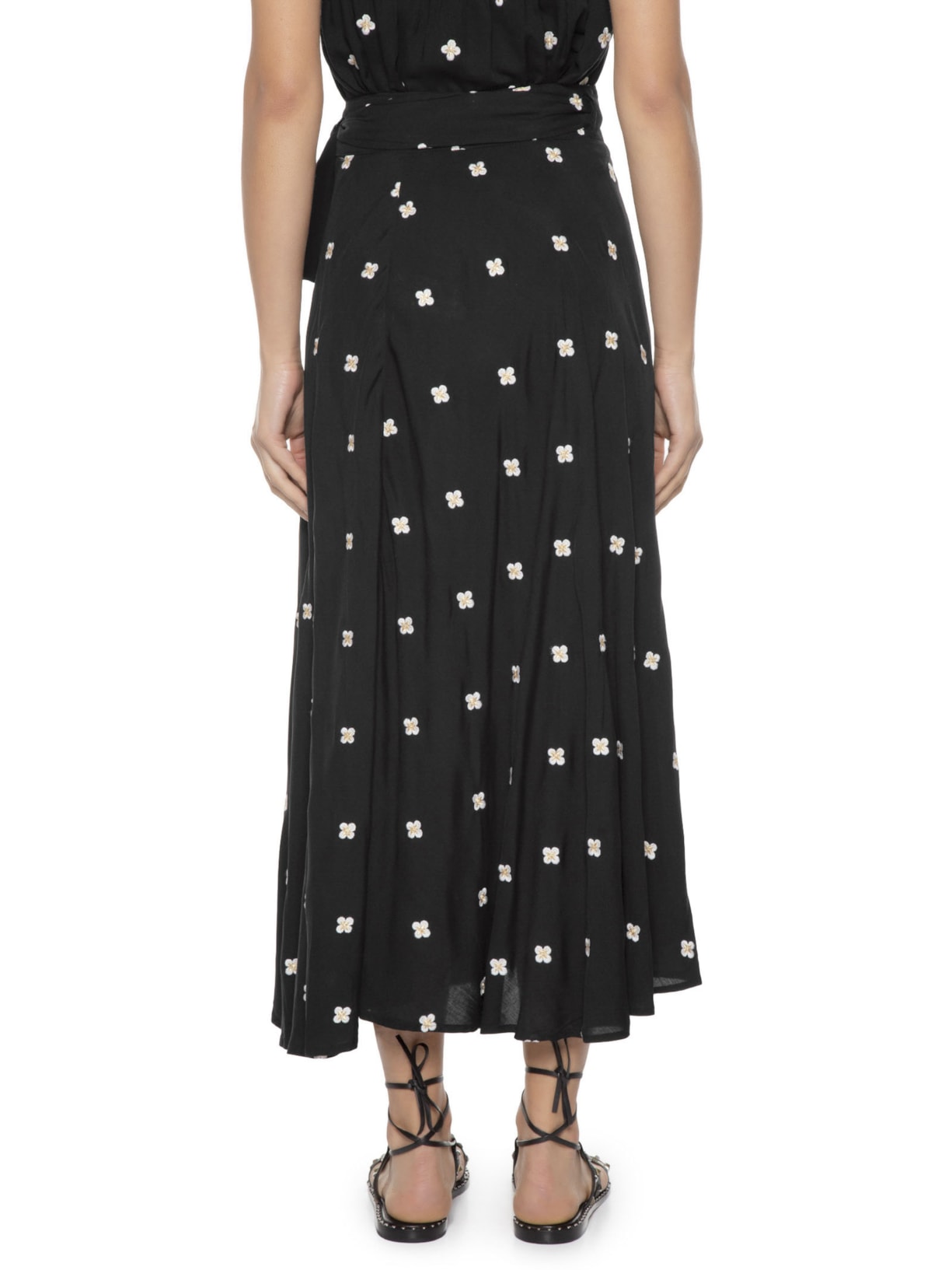 Saia Midi Bordada Creta Preto Maria Filó