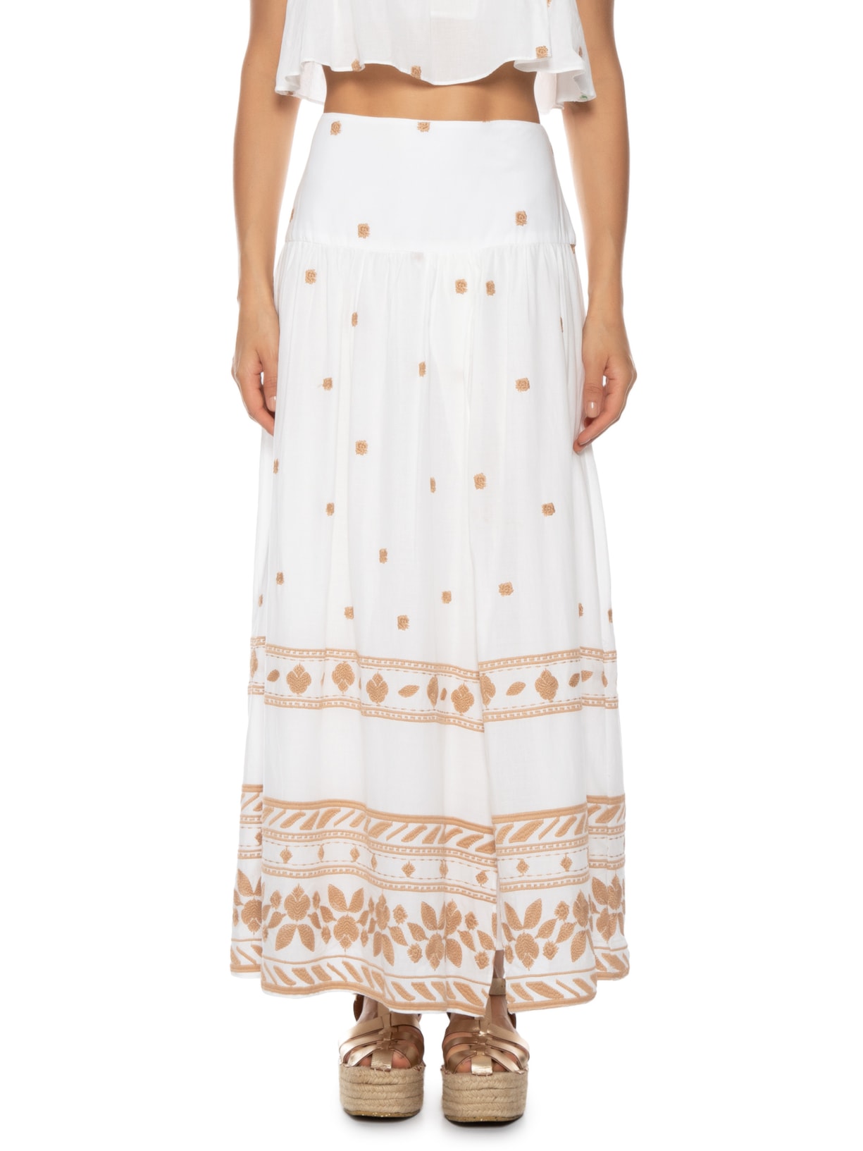 Saia Midi Bordado Barrado Branco Dress To