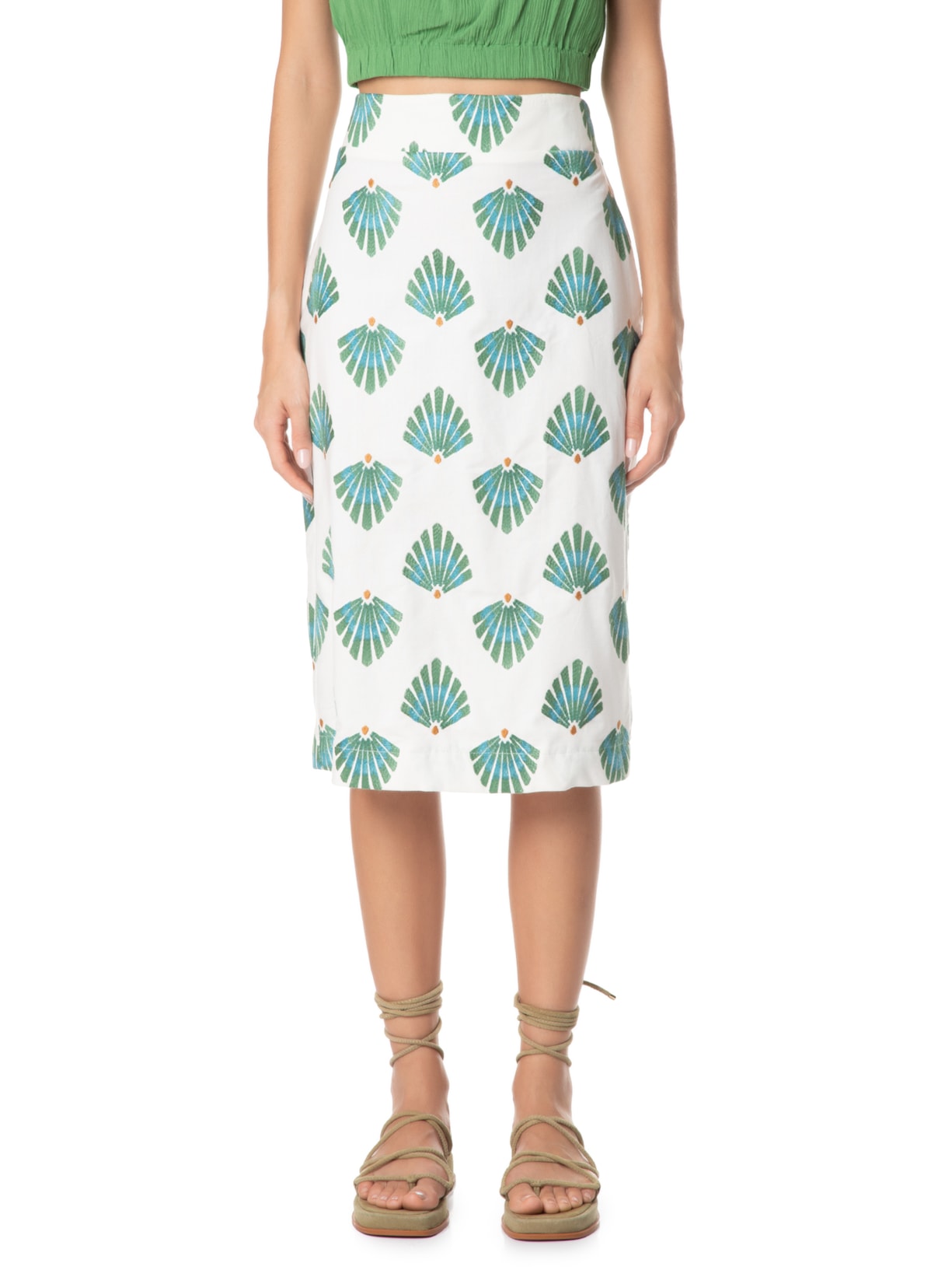 Saia Midi Bordado Conchas Off White Maria Filó