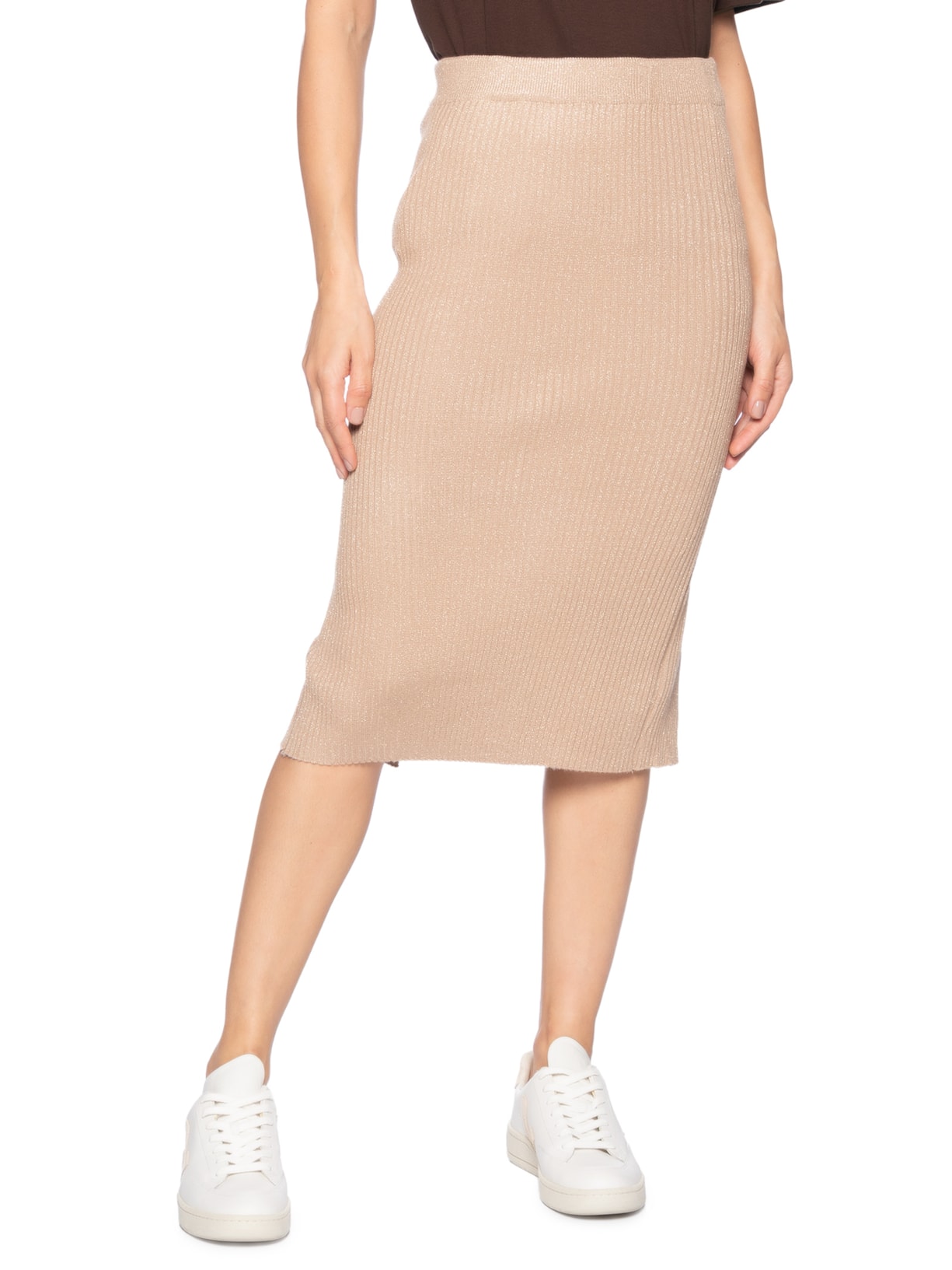 Saia Midi Canelada Bege  Basiq