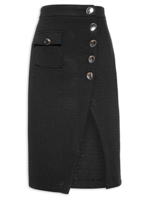 Saia Midi Cintura Alta Em Tweed Transpassada - Preto
