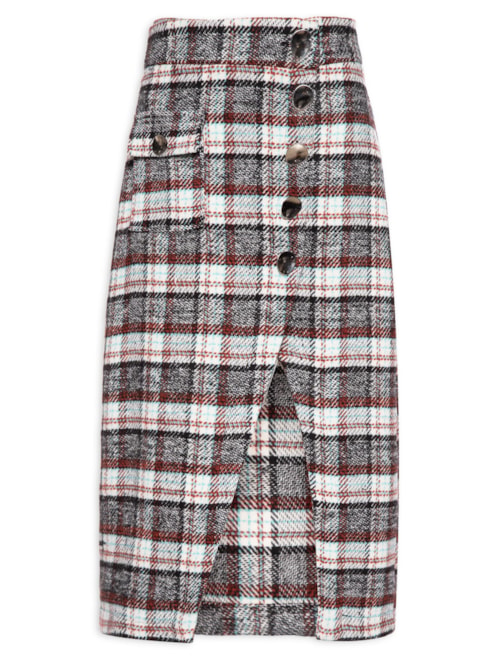 Saia Midi Cintura Alta Em Tweed Transpassada - Verde