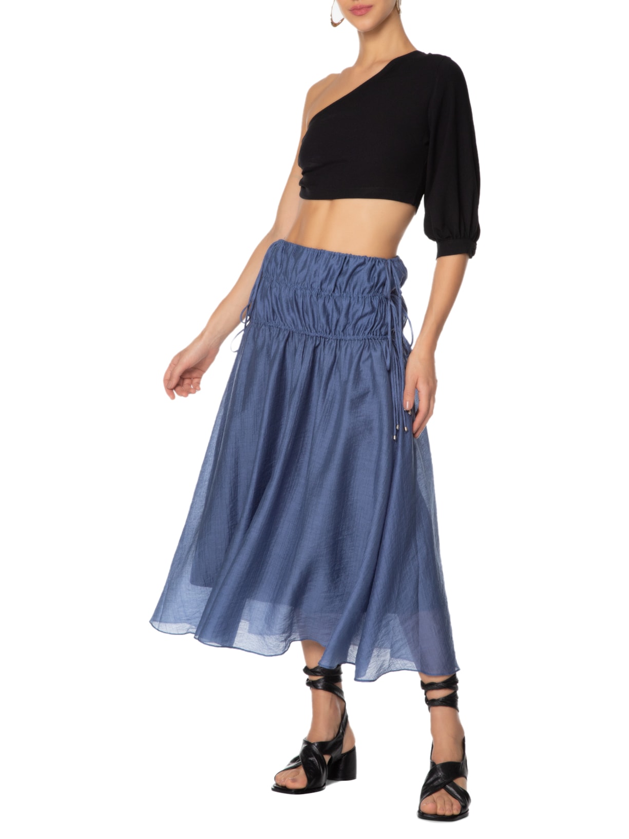 Saia Midi Cintura Alta Franzidos Azul '2Essential