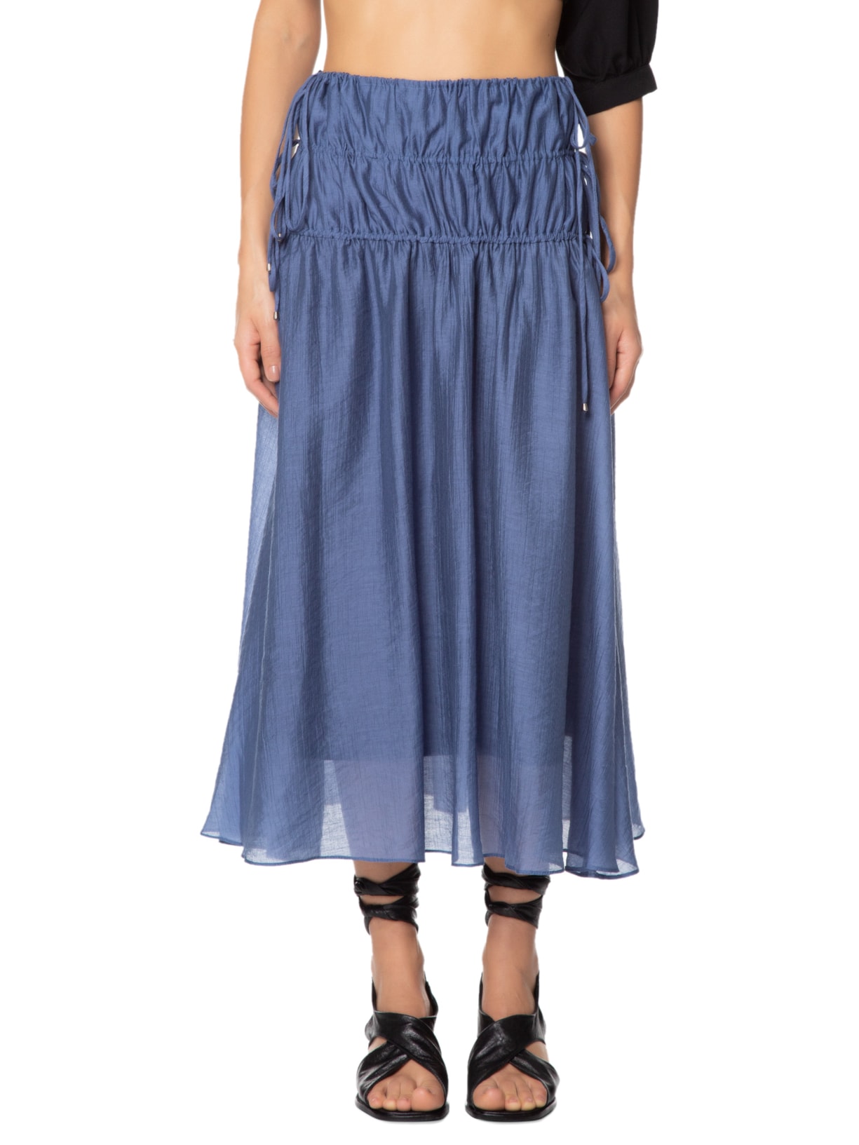 Saia Midi Cintura Alta Franzidos Azul '2Essential