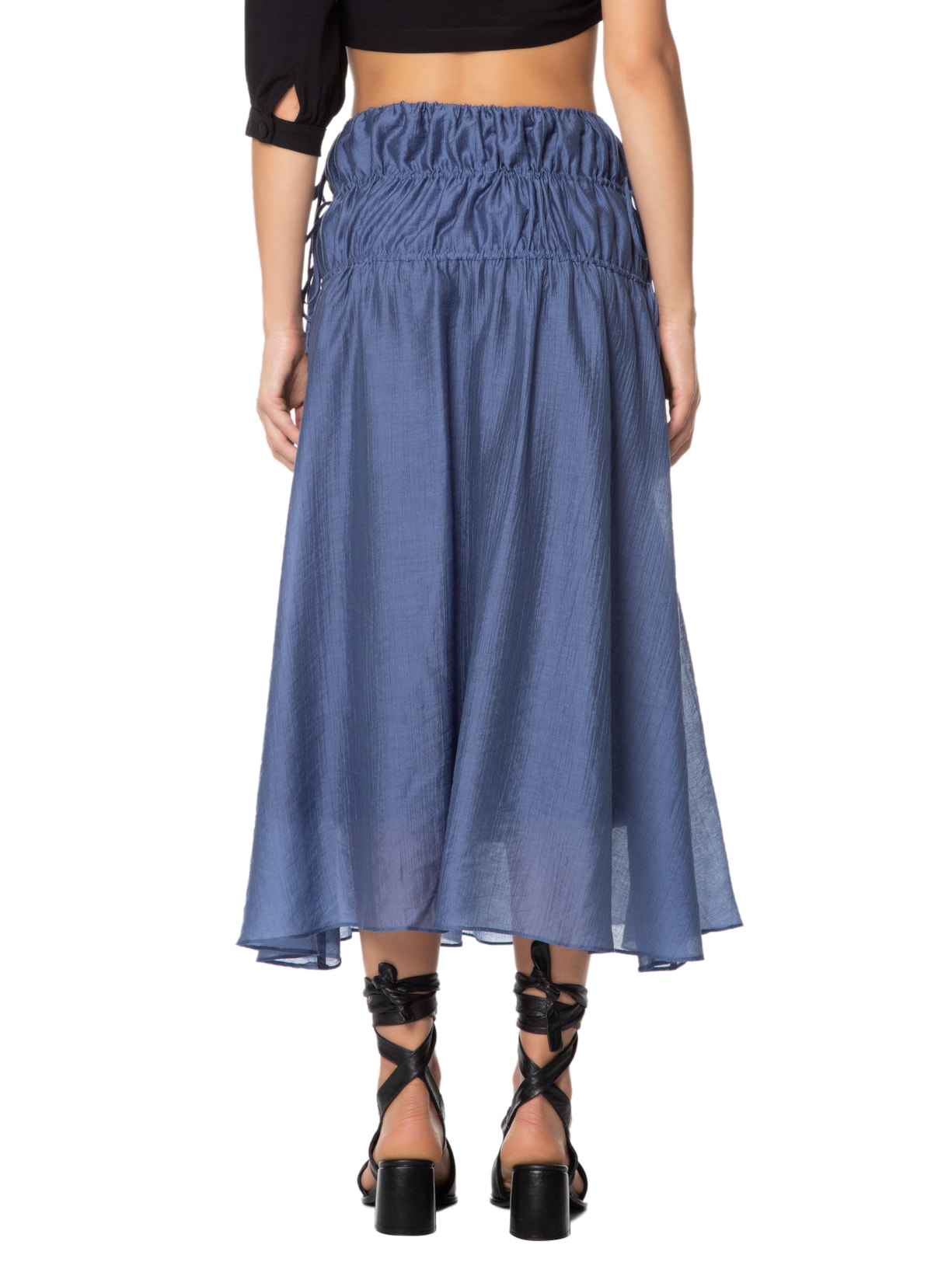 Saia Midi Cintura Alta Franzidos Azul '2Essential