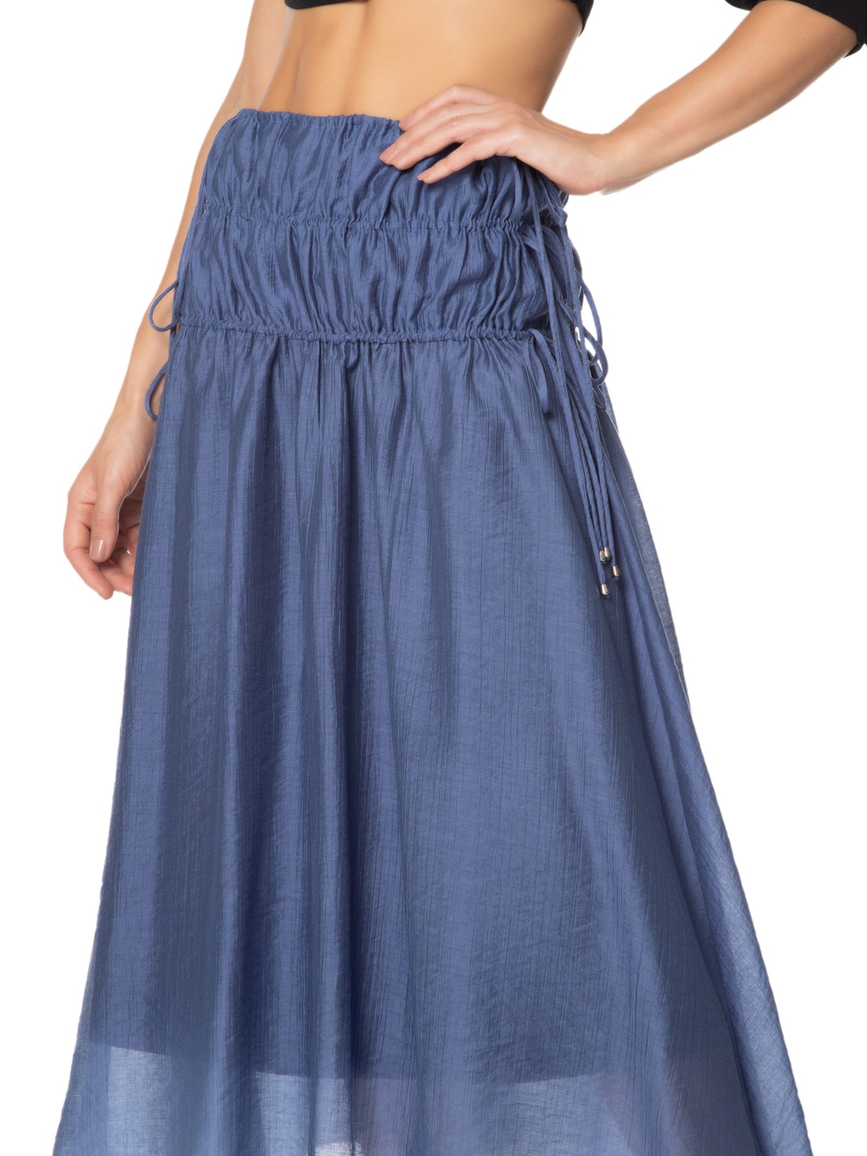 Saia Midi Cintura Alta Franzidos Azul '2Essential