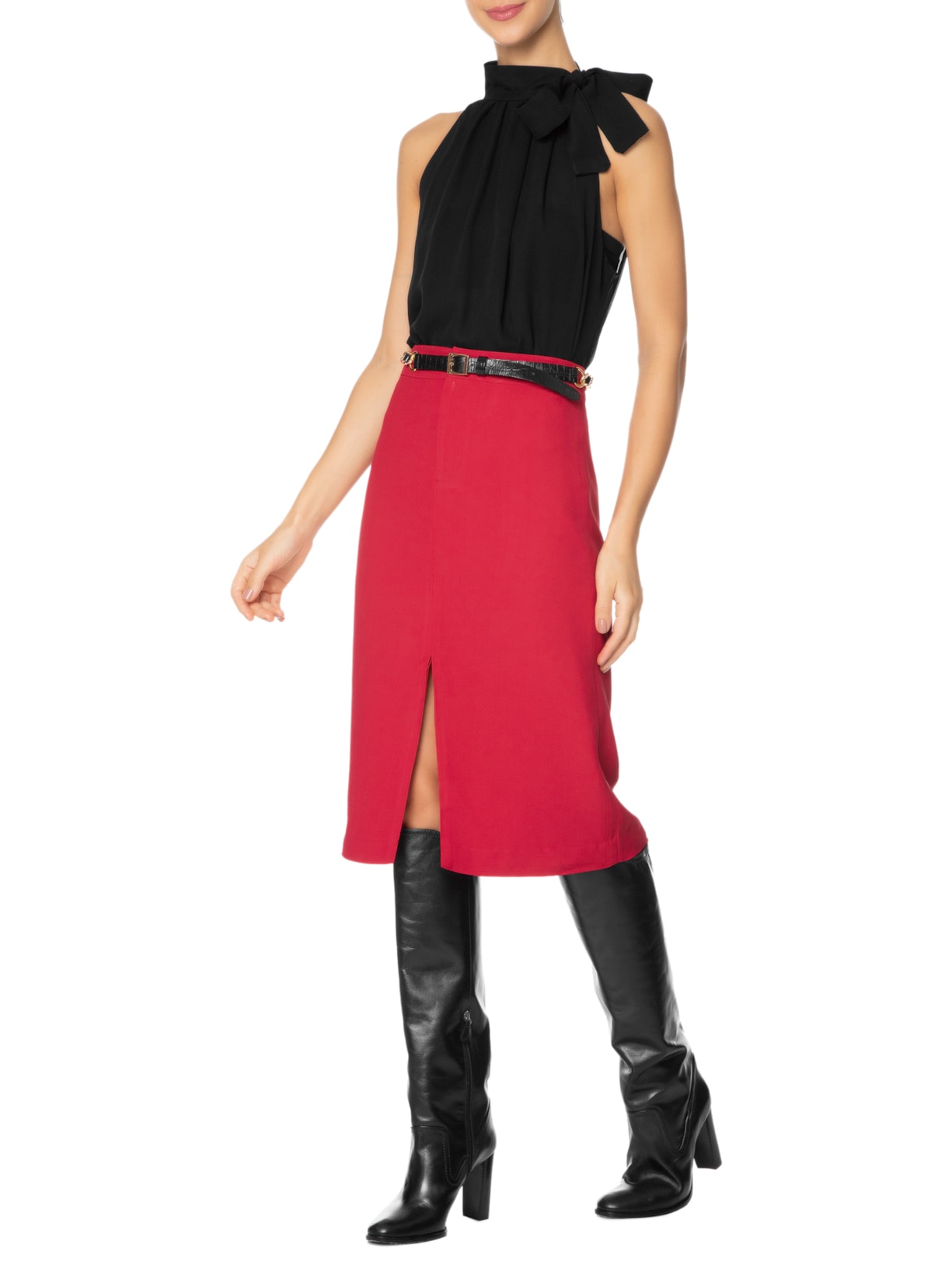 Saia Midi Cintura Média Em Crepe Vermelho '2Essential