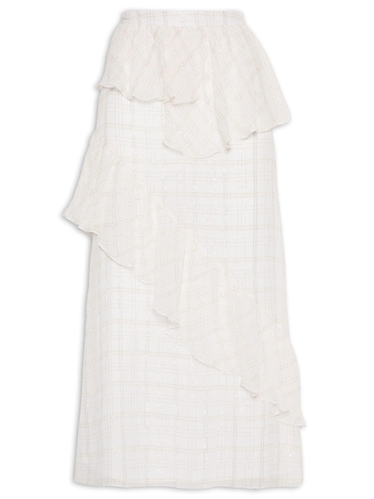 Saia Midi Com Babados Em Seda Pura Com Lurex - Branco