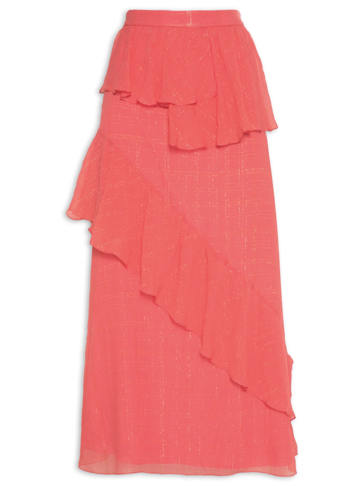 Saia Midi Com Babados Em Seda Puracom Lurex - Laranja